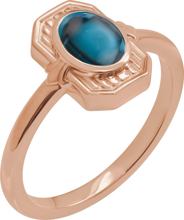 14K Gold Oval Natural London Blue Topaz Cabochon Ring - Rose Gold