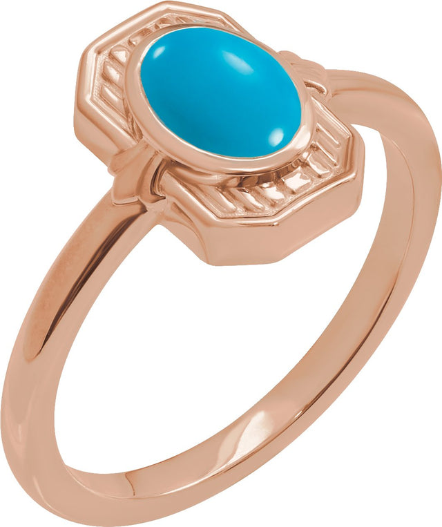 14K Gold Oval Natural Turquoise Cabochon Ring – 7x5mm - Rose Gold