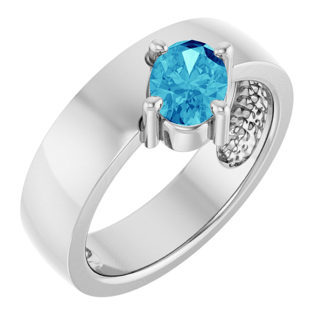 14K Gold Oval Natural Blue Zircon Asymmetric Solitaire Ring - White Gold