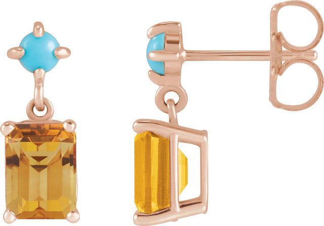 14K Gold Emerald Natural Citrine & Natural Turquoise Accented Earrings - Rose Gold