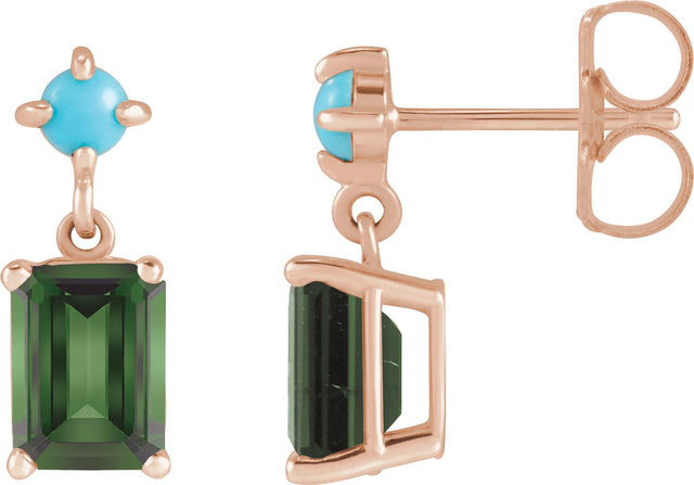 14K Gold Emerald Natural Green Tourmaline & Natural Turquoise Accented Earrings - Rose Gold