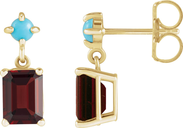 14K Gold Emerald Natural Mozambique Garnet & Natural Turquoise Accented Earrings - Yellow Gold