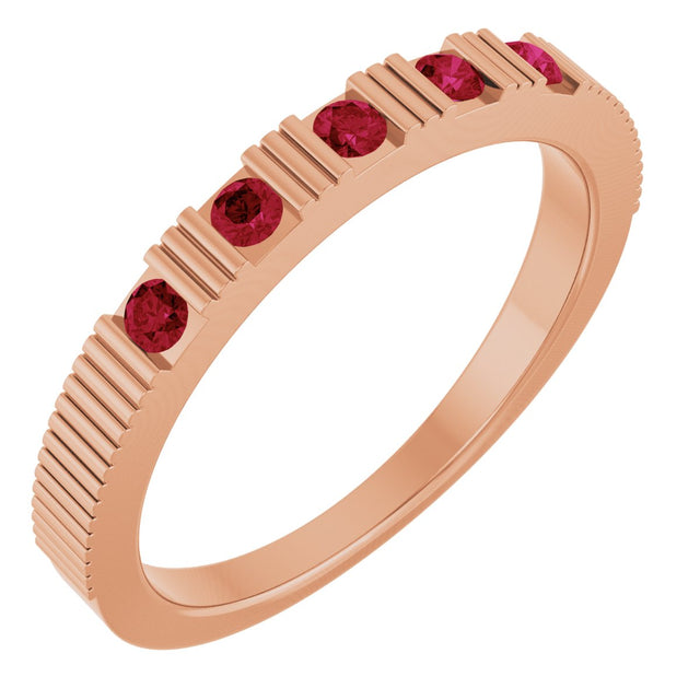 14K Gold Round Natural Ruby Birthstone Stackable Ring – 2mm Stones - Rose Gold