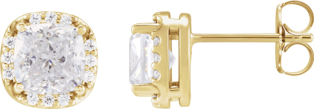 14K Gold Lab-Grown Moissanite & Natural Diamond Cushion Halo-Style Stud Earrings - Yellow Gold
