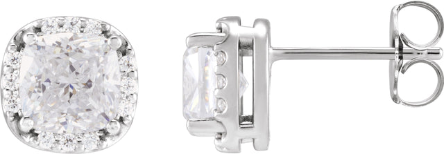 Platinum Lab-Grown Moissanite & Natural Diamond Cushion Halo-Style Stud Earrings