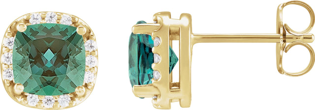 14K Gold Lab-Grown Alexandrite & Natural Diamond Cushion Halo-Style Stud Earrings - Yellow Gold