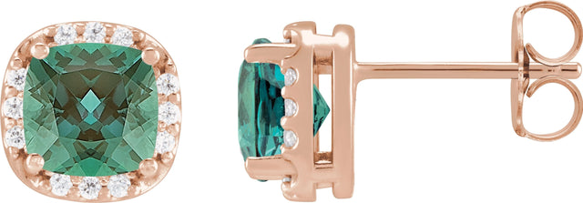 14K Gold Lab-Grown Alexandrite & Natural Diamond Cushion Halo-Style Stud Earrings - Rose Gold