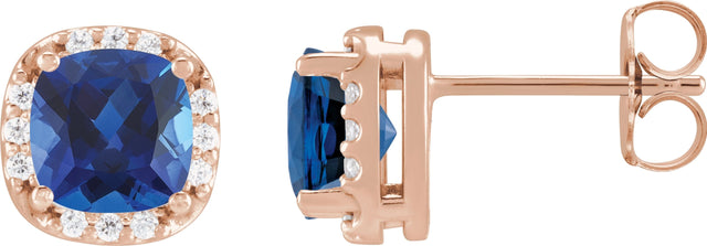 14K Gold Lab-Grown Blue Sapphire & Natural Diamond Cushion Halo-Style Stud Earrings - Rose Gold