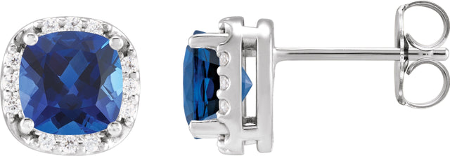 Platinum Lab-Grown Blue Sapphire & Natural Diamond Cushion Halo-Style Stud Earrings