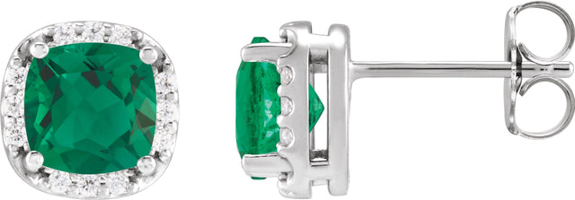 14K Gold Lab-Grown Emerald & Natural Diamond Cushion Halo-Style Stud Earrings - White Gold