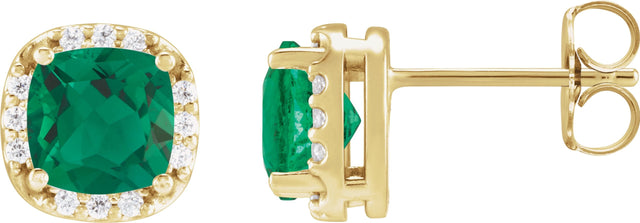 14K Gold Lab-Grown Emerald & Natural Diamond Cushion Halo-Style Stud Earrings - Yellow Gold