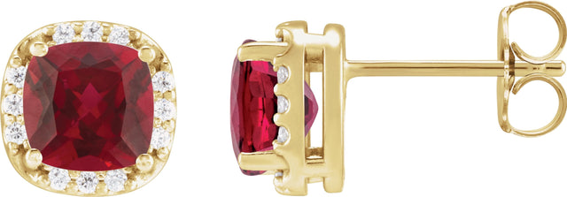 14K Gold Lab-Grown Ruby & Natural Diamond Cushion Halo-Style Stud Earrings - Yellow Gold