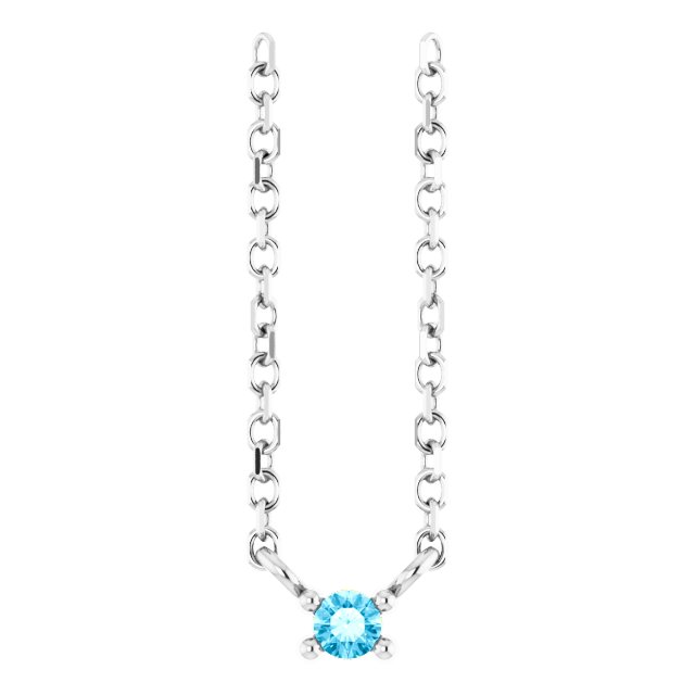 14K Gold Round Natural Aquamarine Birthstone Bar Necklace - White Gold