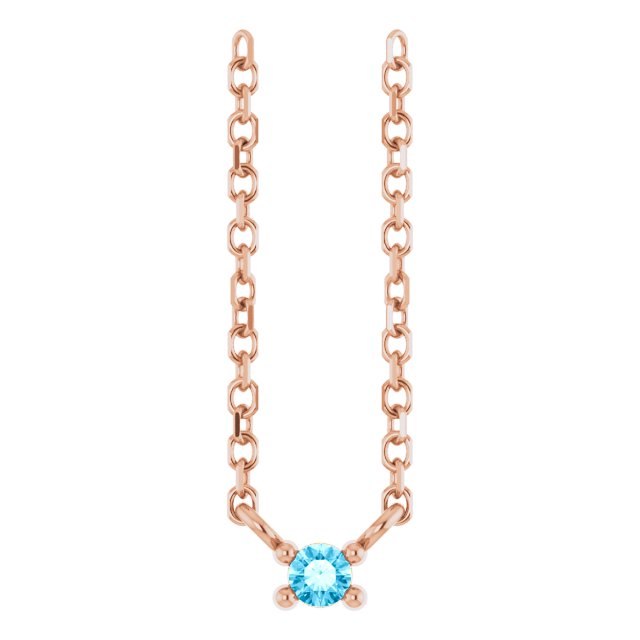 14K Gold Round Natural Aquamarine Birthstone Bar Necklace - Rose Gold