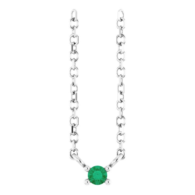 Platinum Round Lab-Grown Emerald Birthstone Bar Necklace