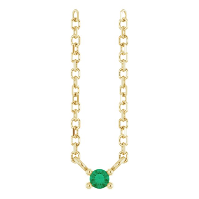 14K Gold Round Natural Emerald Birthstone Bar Necklace - Yellow Gold