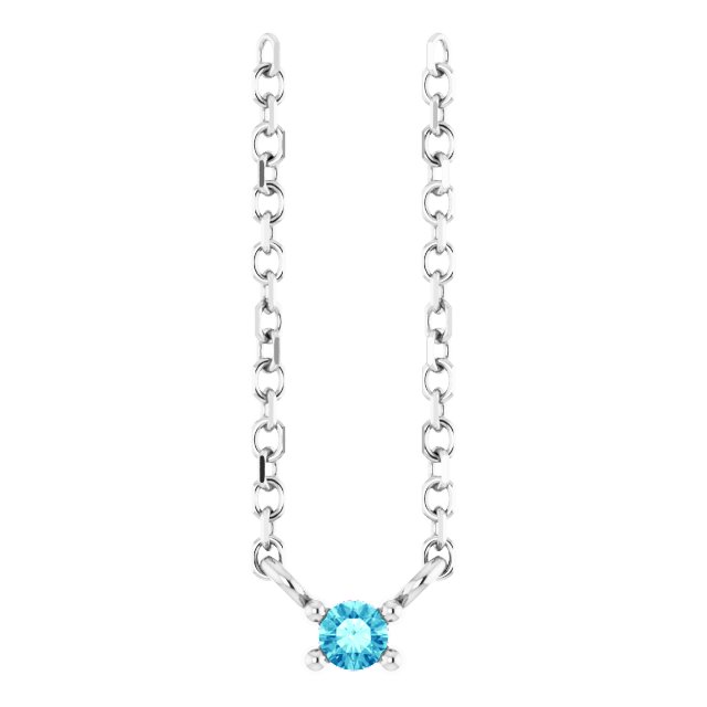 14K Gold Round Natural Blue Zircon Birthstone Bar Necklace - White Gold