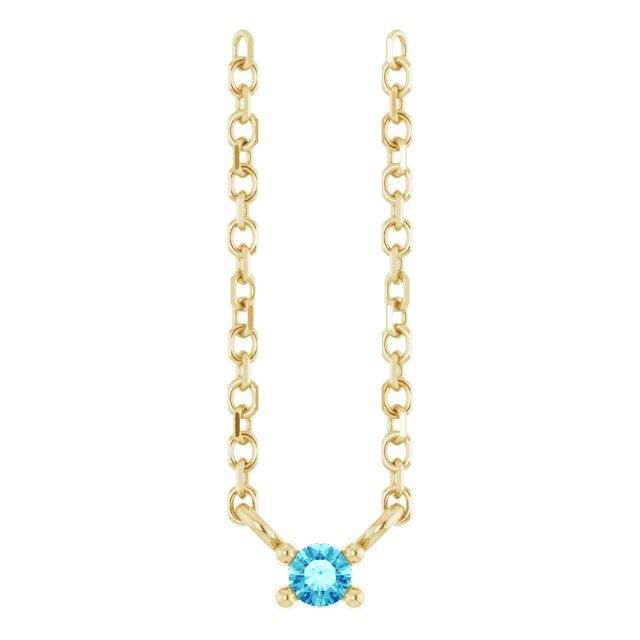 14K Gold Round Natural Blue Zircon Birthstone Bar Necklace - Yellow Gold