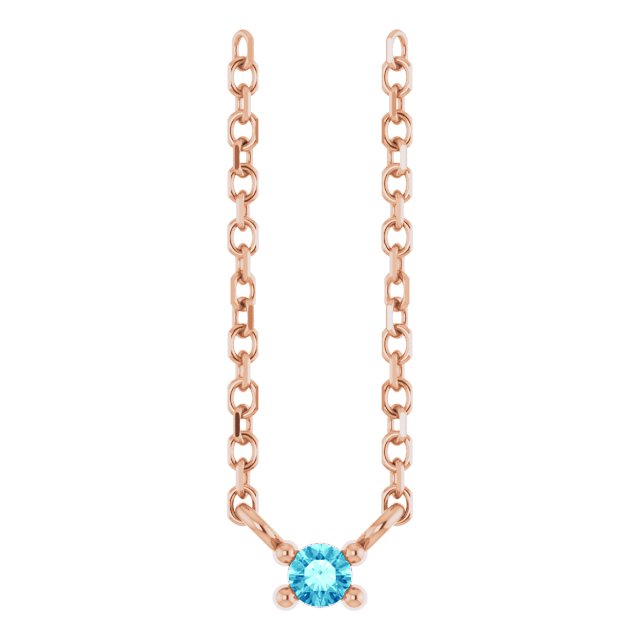 14K Gold Round Natural Blue Zircon Birthstone Bar Necklace - Rose Gold