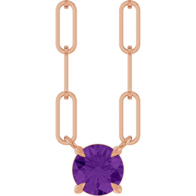 14K Gold Round Natural Amethyst Solitaire Claw-Prong Necklace - Rose Gold