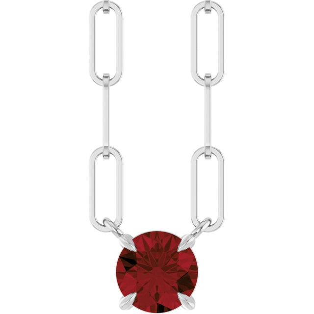 14K Gold Round Natural Mozambique Garnet Solitaire Claw-Prong Necklace - White Gold