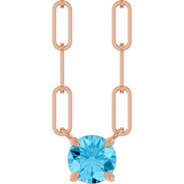 14K Gold Round Natural Aquamarine Solitaire Claw-Prong Necklace - Rose Gold