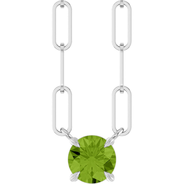 14K Gold Round Natural Peridot Solitaire Claw-Prong Necklace - White Gold