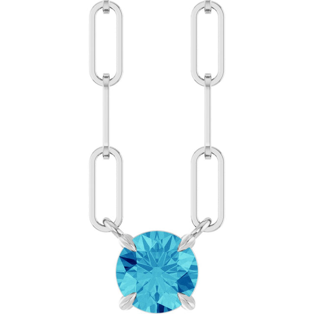 14K Gold Round Natural Blue Zircon Solitaire Claw-Prong Necklace - White Gold