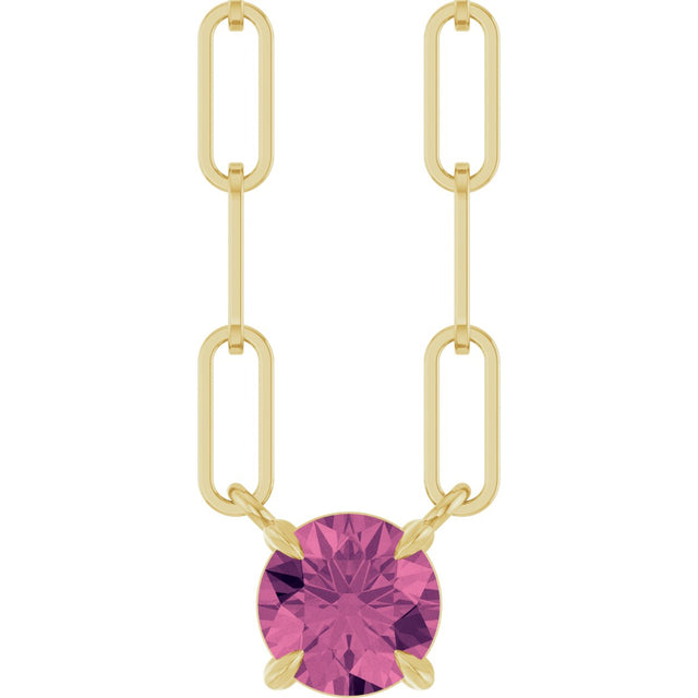 14K Gold Round Natural Pink Tourmaline Solitaire Claw-Prong Necklace - Yellow Gold