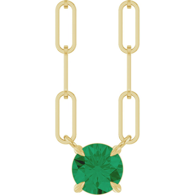 14K Gold Round Lab-Grown Emerald Solitaire Claw-Prong Necklace - Yellow Gold