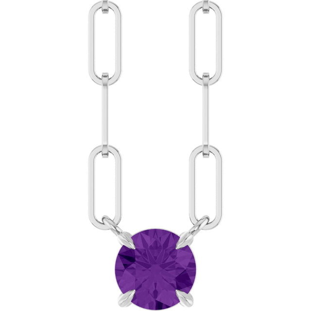 14K Gold Round Natural Amethyst Solitaire Claw-Prong Necklace - White Gold