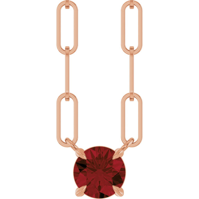 14K Gold Round Natural Mozambique Garnet Solitaire Claw-Prong Necklace - Rose Gold