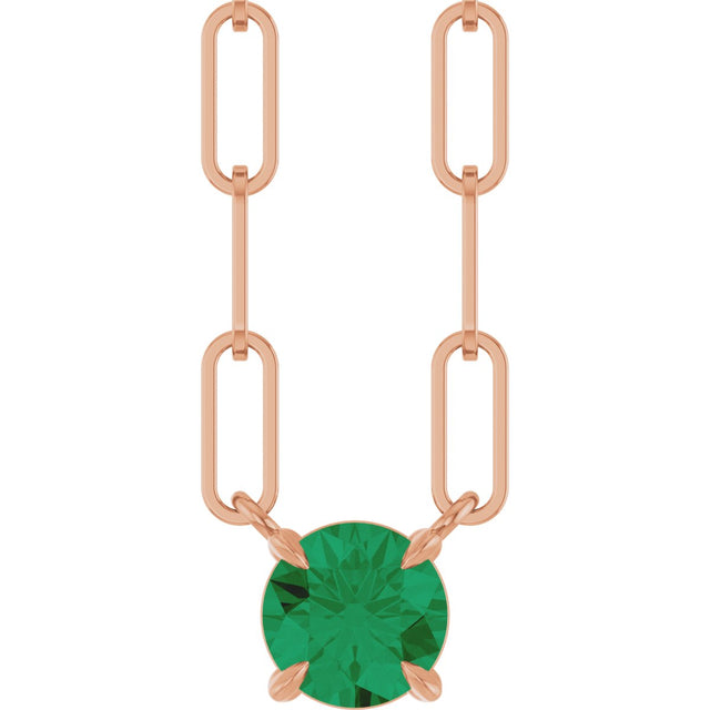 14K Gold Round Lab-Grown Emerald Solitaire Claw-Prong Necklace - Rose Gold