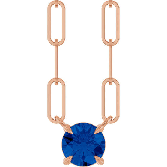 14K Gold Round Lab-Grown Blue Sapphire Solitaire Claw-Prong Necklace - Rose Gold
