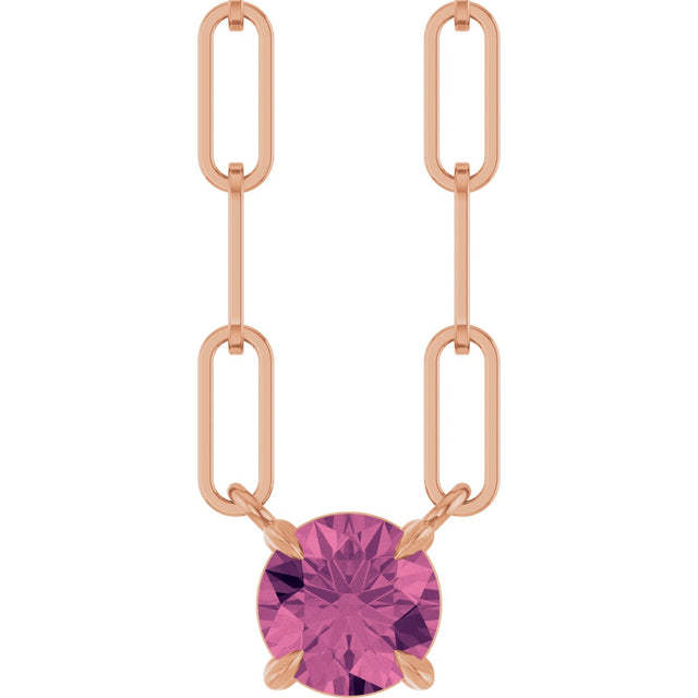 14K Gold Round Natural Pink Tourmaline Solitaire Claw-Prong Necklace - Rose Gold