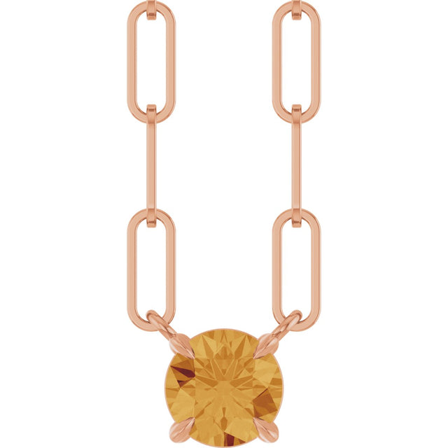 14K Gold Round Natural Citrine Solitaire Claw-Prong Necklace - Rose Gold