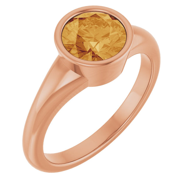14K Gold Round Natural Citrine Bezel-Set Solitaire Ring – 7mm Stones - Rose Gold