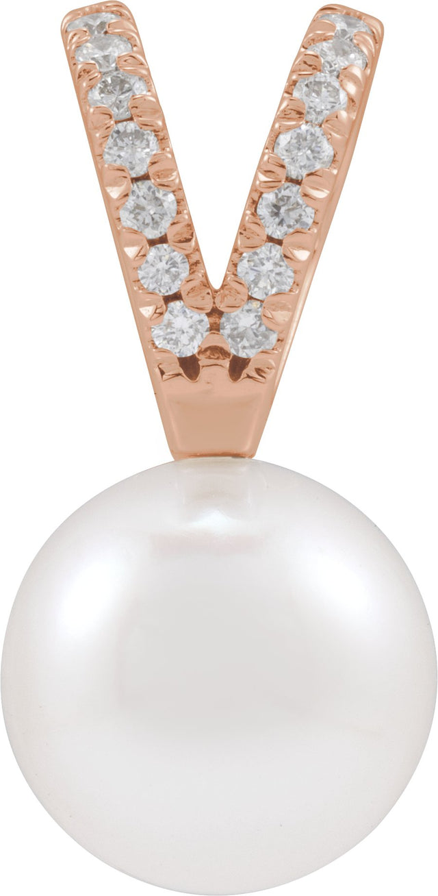 14K Gold Cultured White Akoya Pearl & Natural Diamond Accented Pearl Pendant – 5-8mm Stones - Rose Gold