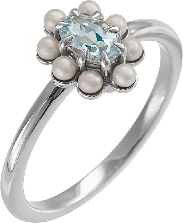 Platinum Oval Natural Sky Blue Topaz & Cultured White Seed Pearl Halo-Style Pearl Ring