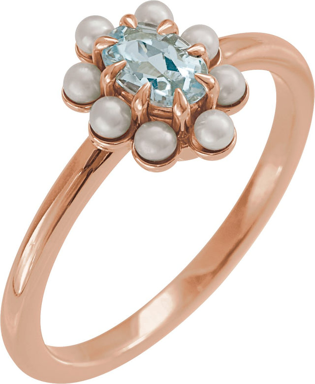 14K Gold Oval Natural Sky Blue Topaz & Cultured White Seed Pearl Halo-Style Pearl Ring - Rose Gold