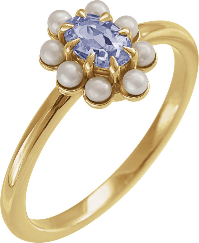 14K Gold Oval Natural Tanzanite & Cultured White Seed Pearl Halo-Style Pearl Ring - Yellow Gold