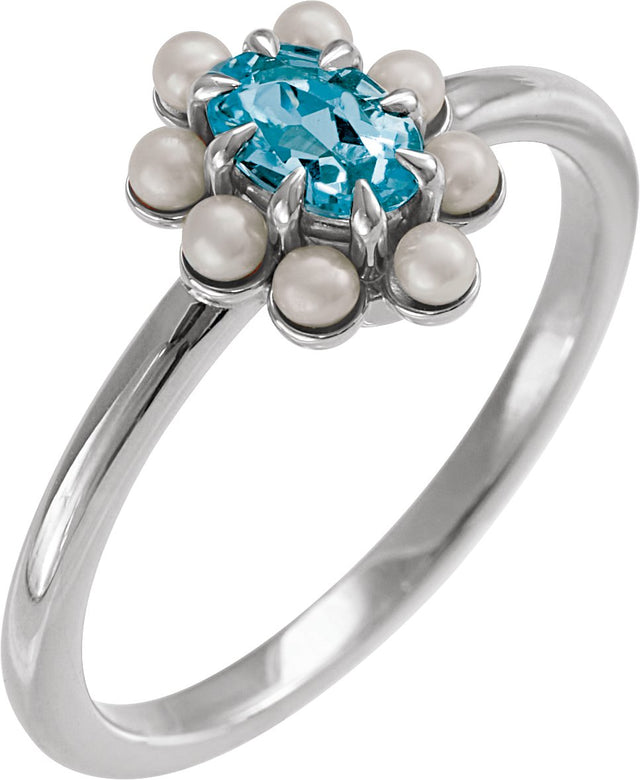Platinum Oval Natural London Blue Topaz & Cultured White Seed Pearl Halo-Style Pearl Ring