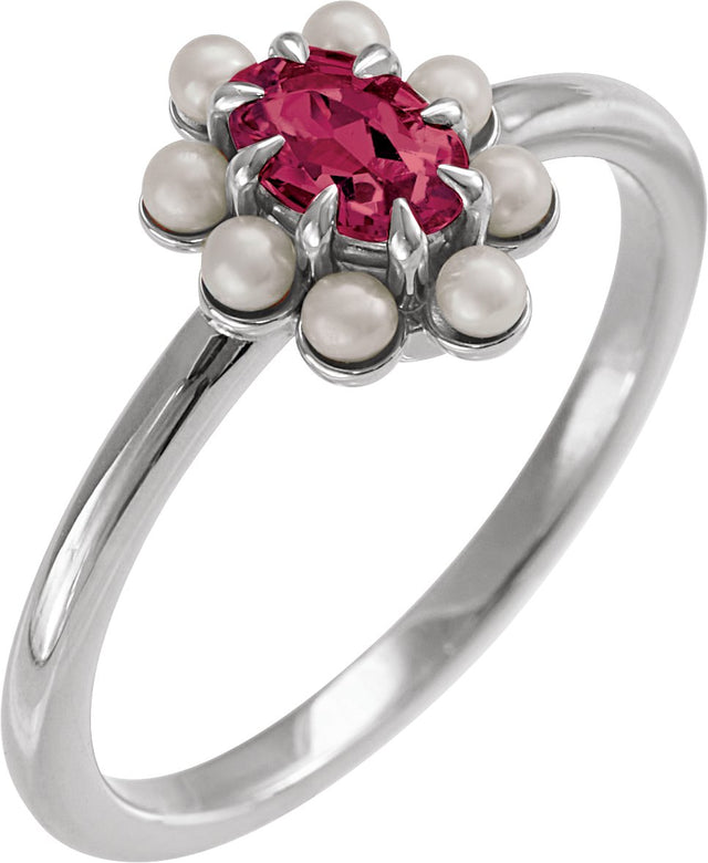 Platinum Oval Natural Rhodolite Garnet & Cultured White Seed Pearl Halo-Style Pearl Ring