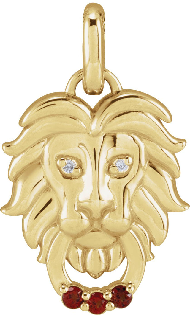 14K Gold Round Natural Mozambique Garnet & Natural Diamond Accented Lion Necklace or Pendant – 0.005 CTW - Yellow Gold