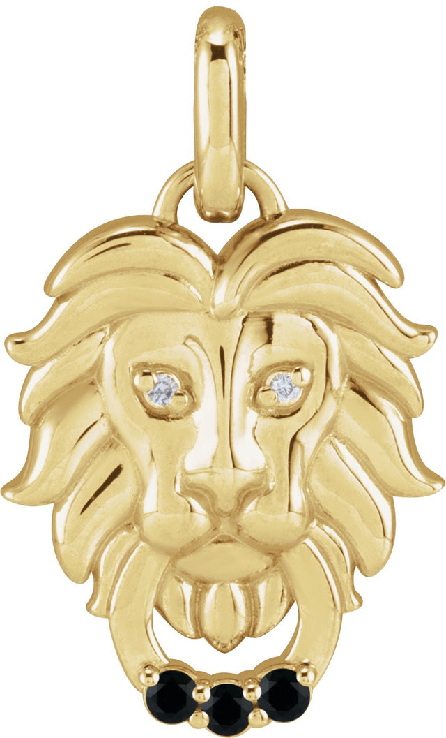 14K Gold Round Natural Black Spinel & Natural Diamond Accented Lion Necklace or Pendant - Yellow Gold