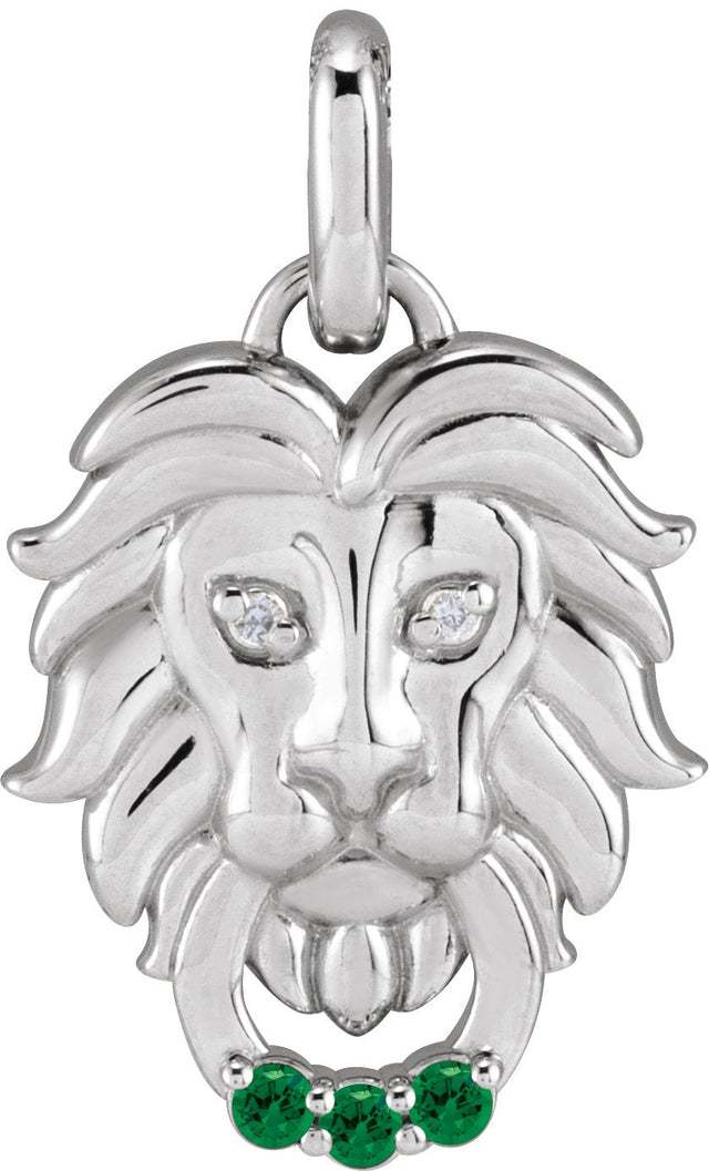 14K Gold Round Natural Tsavorite Garnet & Natural Diamond Accented Lion Necklace or Pendant - White Gold