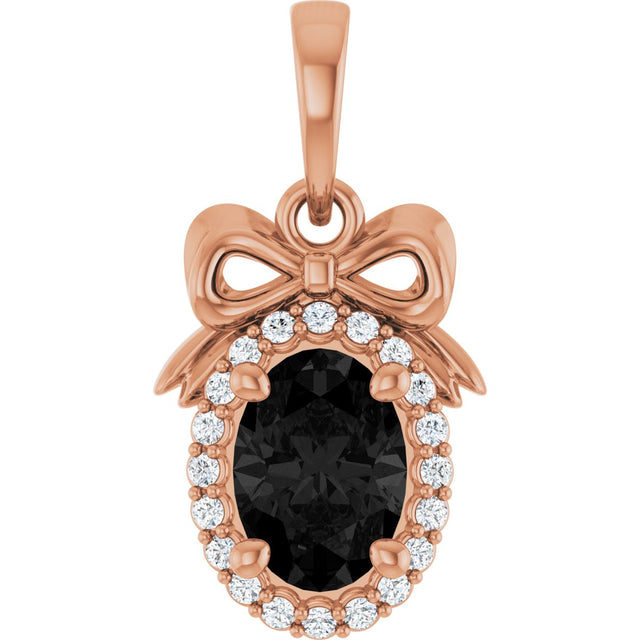 14K Gold Oval Natural Black Onyx & Natural Diamond Accented Bow Necklace or Pendant - Rose Gold
