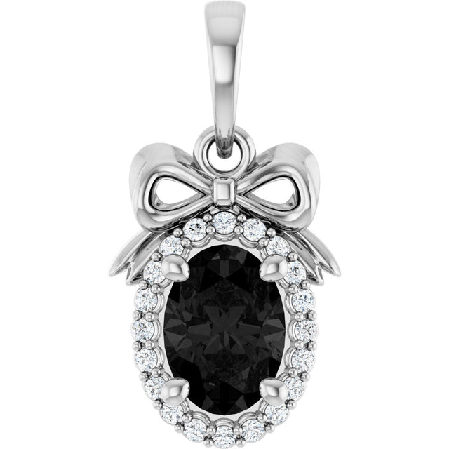 Platinum Oval Natural Black Onyx & Natural Diamond Accented Bow Necklace or Pendant