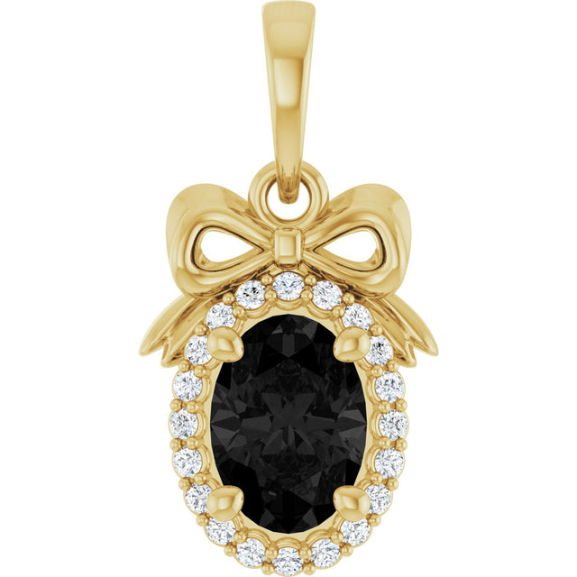 14K Gold Oval Natural Black Onyx & Natural Diamond Accented Bow Necklace or Pendant - Yellow Gold