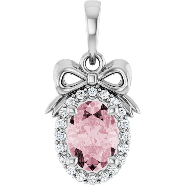 Platinum Oval Natural Pink Morganite & Natural Diamond Accented Bow Necklace or Pendant